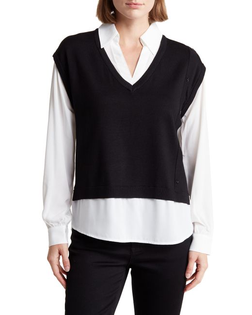 Adrianna Papell Black Twofer Sweater Vest Long Sleeve Shirt