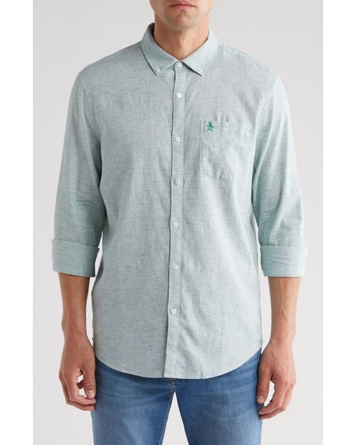 Original Penguin Blue Stripe Stretch Linen & Cotton Button-down Shirt for men