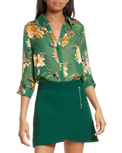 Alice + Olivia Green Eloise Roll Sleeve Floral Blouse