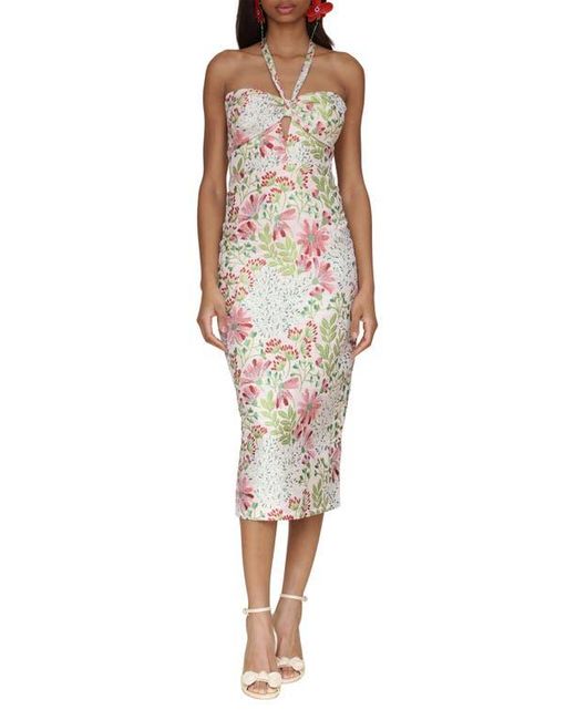 Avec Les Filles Multicolor Floral Brocade Halter Neck Midi Dress