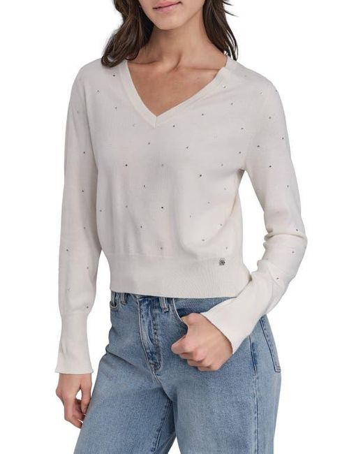 DKNY White V-Neck Crystal Embellished Sweater