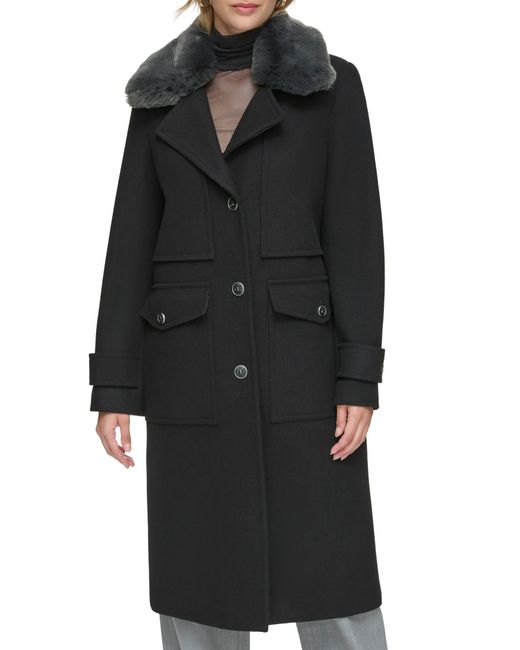 Andrew Marc Faux Fur Collar Wool Blend Coat in Black | Lyst