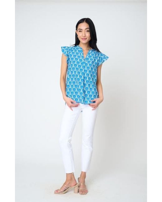 Gibsonlook Blue Notch Neck Flutter Sleeve High-Low Top
