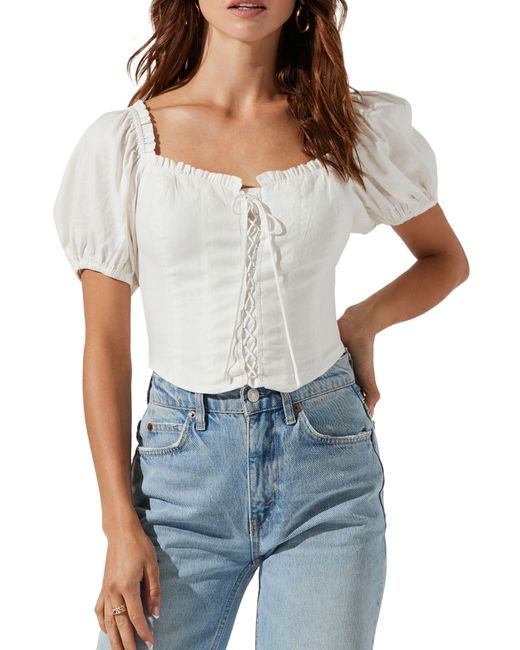 Astr White Puff Sleeve Lace-up Recycled Cotton & Recycled Polyester Crop Top