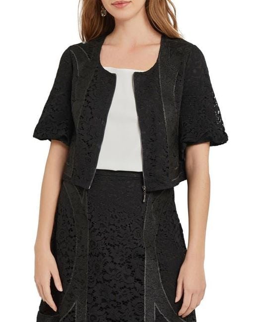 Misook Black Lace Front Zip Top