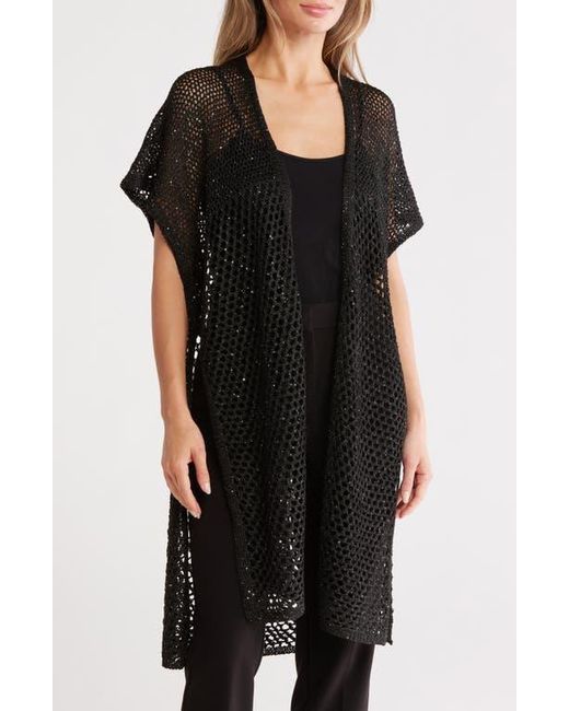 Vince Camuto Black Sequin Embellished Open Knit Short Sleeve Duster