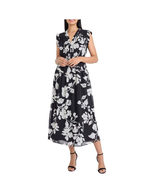 Maggy London Blue Floral Sleeveless Chiffon Maxi Dress