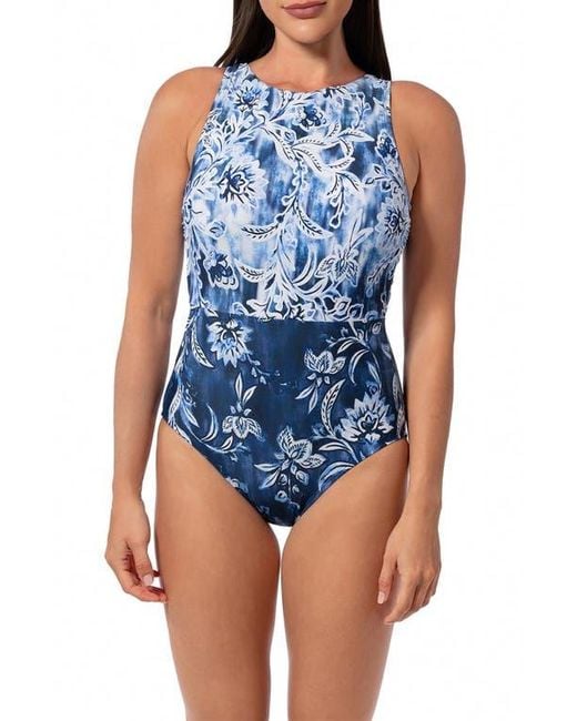 Jantzen Blue Farrah High Neck One-Piece Swimsuit