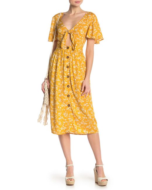 Mimi Chica Yellow Tie Front Floral Midi Dress