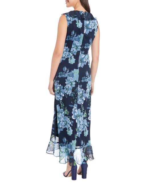 London Times Blue Femme Floral Yoryu Ruffle Hem Dress