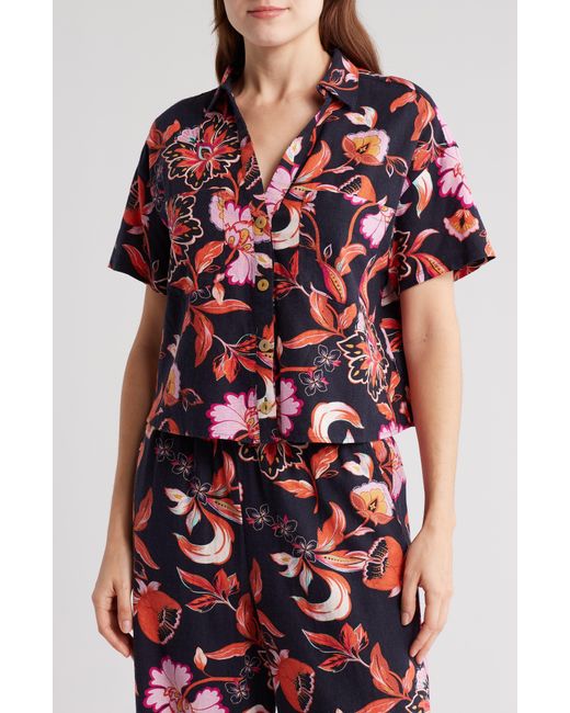 Laundry by Shelli Segal Red Floral Print Crop Button-up Shirt