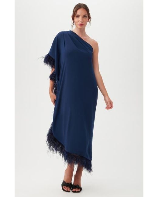 Trina Turk Blue Largo One-Shoulder Feather Trim Caftan Maxi Dress