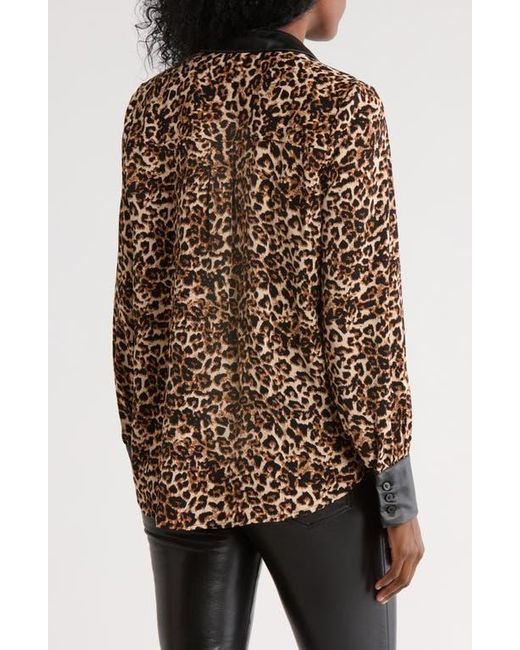 Ellen Tracy Brown Faux Leather Trim Boyfriend Shirt