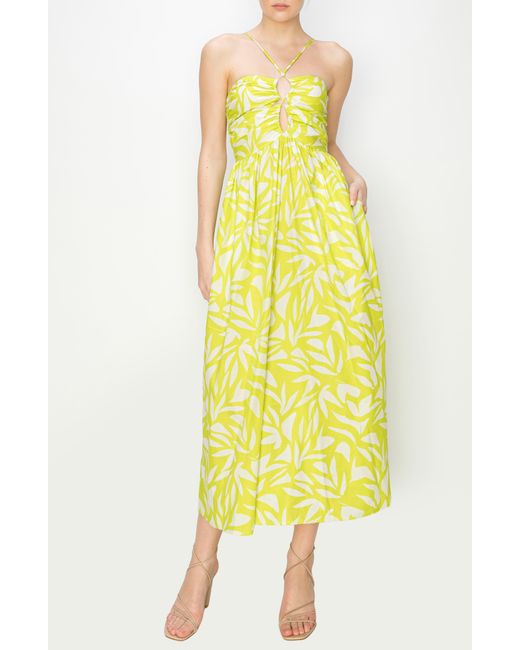 MELLODAY Yellow Leaf Print Halter Strap Dress