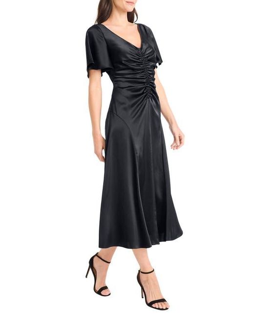 Maggy London Black Flutter Sleeve Ruched Satin Midi Dress