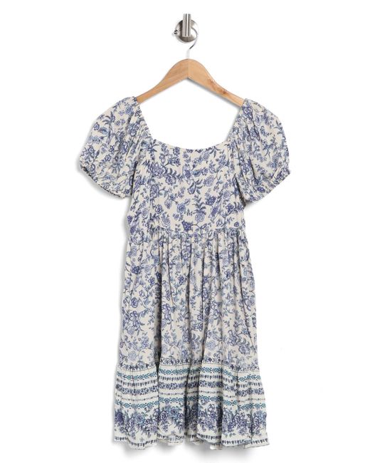 Angie Blue Floral Print Square Neck Puff Sleeve Dress