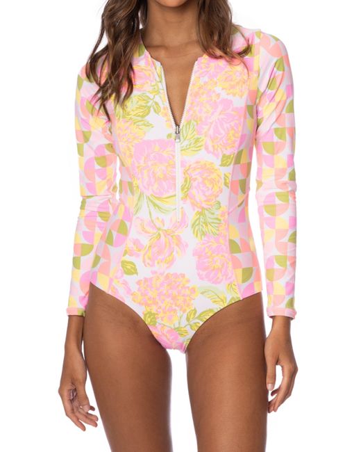 Maaji Red Chintz Floral Reversible Long Sleeve One-piece Swimsuit