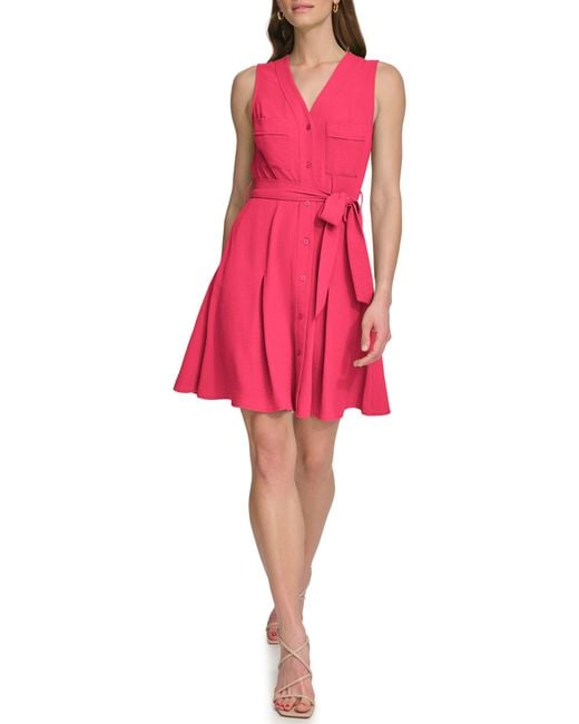DKNY Red Belted Button-up Dress