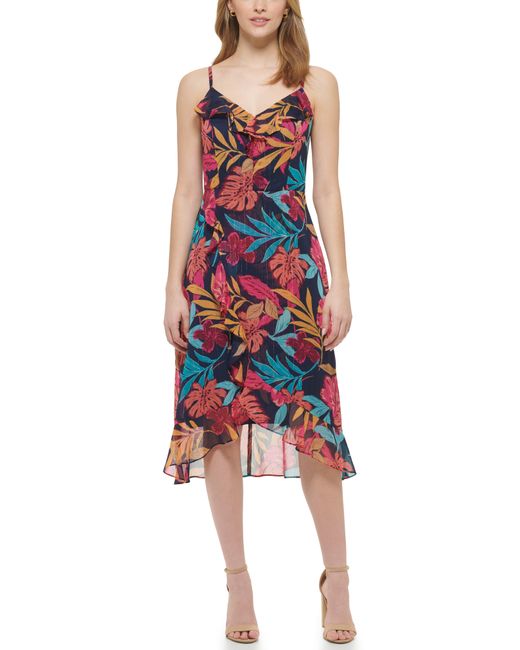 Kensie Red Tropical Print Ruffle Chiffon Midi Dress