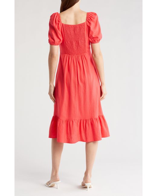 Ellen Tracy Red Puff Sleeve Linen Blend Midi Dress