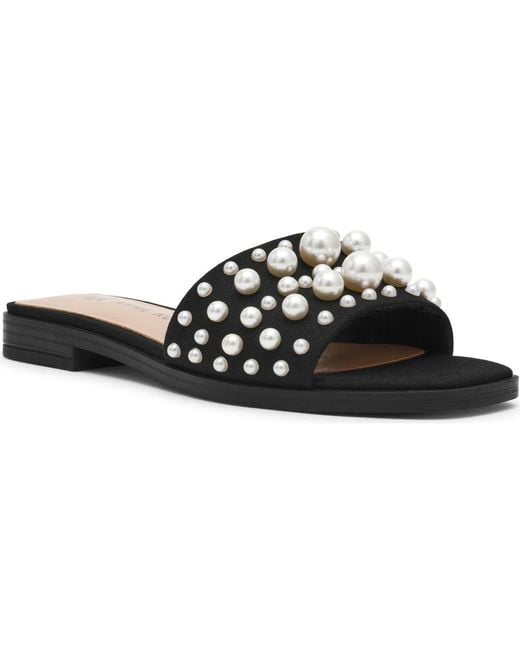 Anne Klein Black Eugenie Faux Pearl Slide Sandal