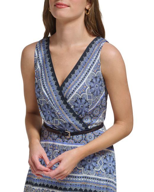 Tommy Hilfiger Blue Handkerchief Print Sleeveless Belted Dress
