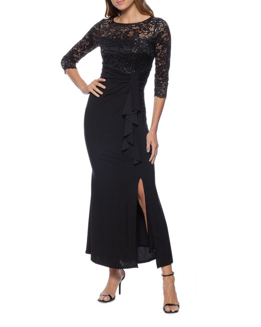 Marina Lace Top Long Cascade Gown In Black At Nordstrom Rack