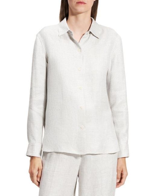 Theory White B.Mela Houndstooth Linen Blend Button-Up Shirt