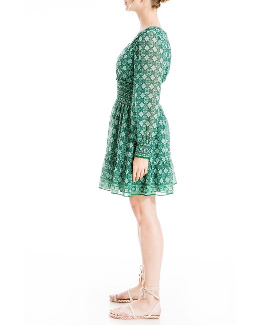 Max Studio Green Geometric Floral Print Smocked Waist Dress