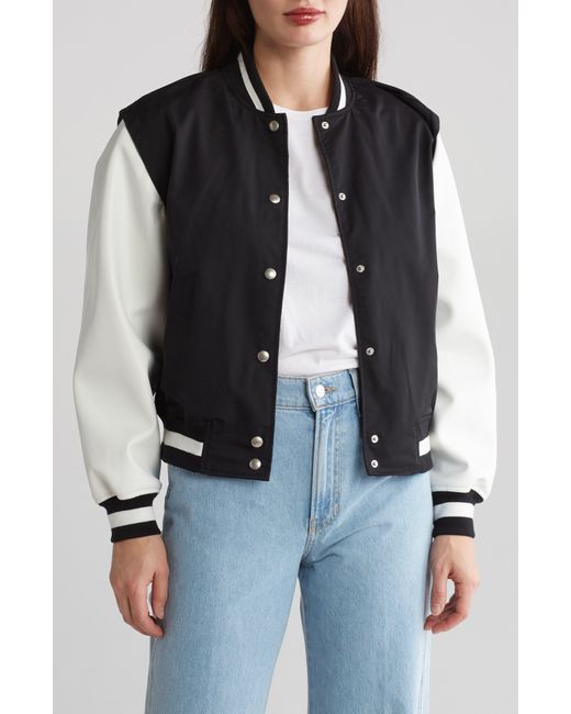 Blank NYC Black Colorblock Faux Leather Sleeve Varsity Jacket