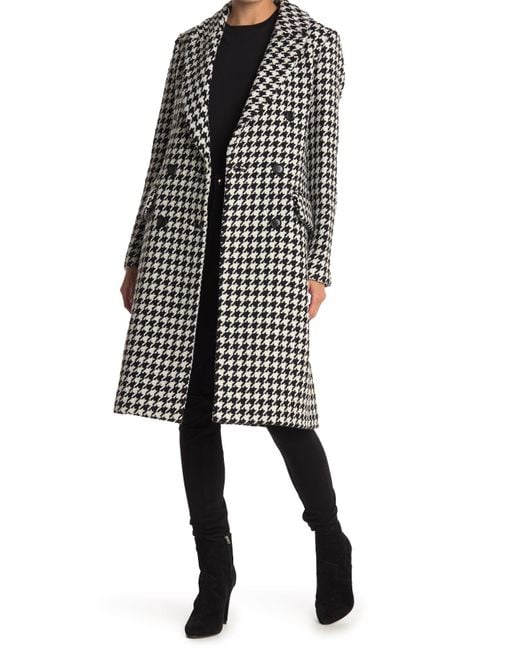 BCBGMAXAZRIA Black Houndstooth Double Breasted Wool Blend Coat
