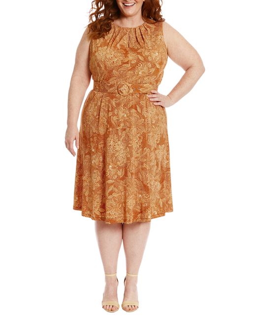 London Times Brown Floral Sleeveless Belted A-line Dress