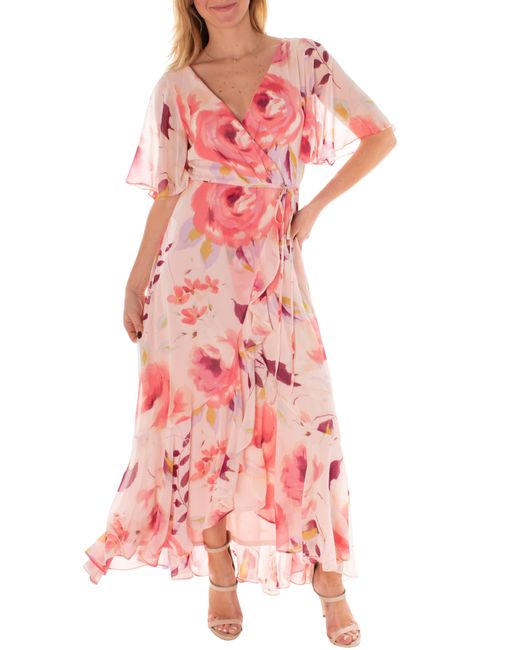 Taylor Dresses Pink Floral Flutter Sleeve Faux Wrap Maxi Dress