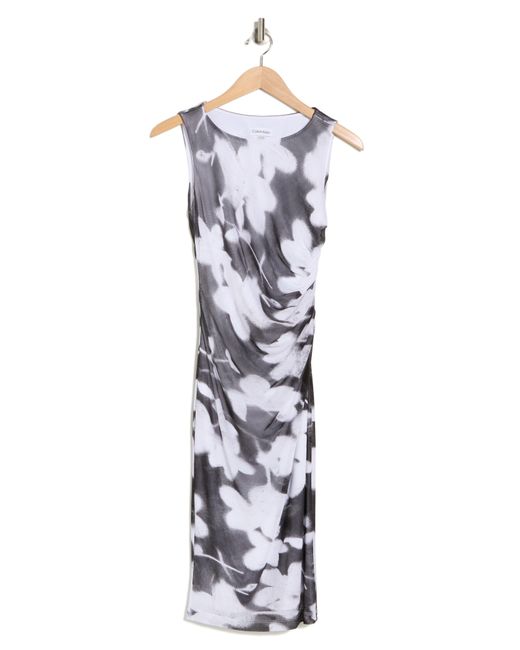 Calvin Klein White Print Ruched Sleeveless Mesh Midi Dress