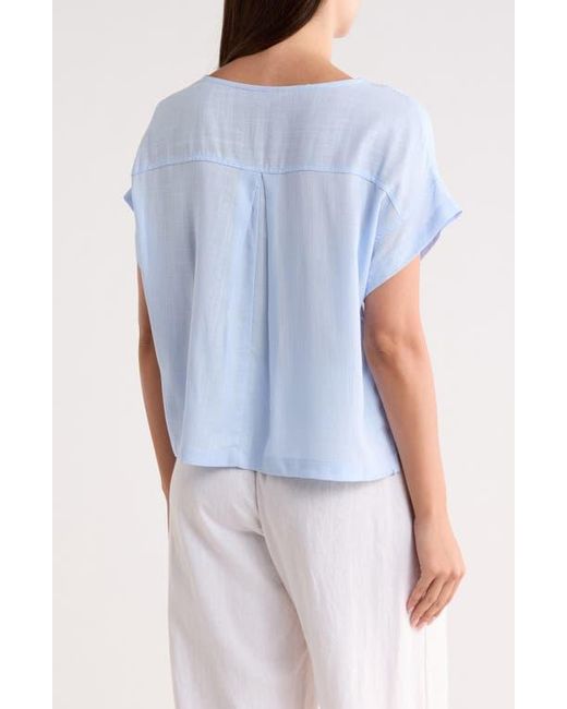 Max Studio Blue Split Neck Short Sleeve Top