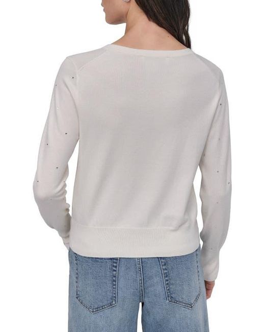 DKNY White V-Neck Crystal Embellished Sweater