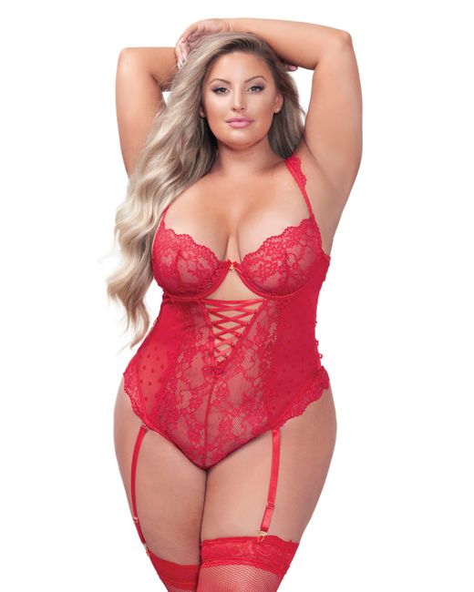 Seven 'til Midnight Red Heart Lace & Mesh Teddy With Garter Straps