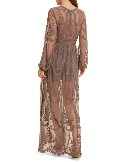 Wishlist Brown Floral Embroidered Long Sleeve Maxi Dress