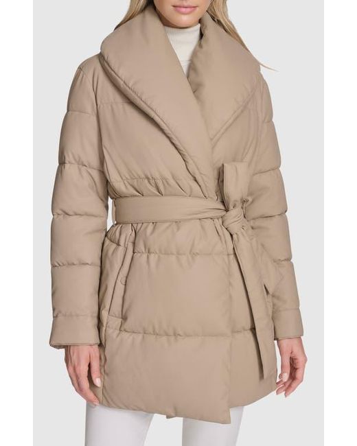 Andrew Marc Natural Adela Faux Leather Shawl Collar Quilted Wrap Coat