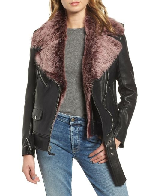 7 For All Mankind Black Leather Moto Jacket With Removable Shearling Fur