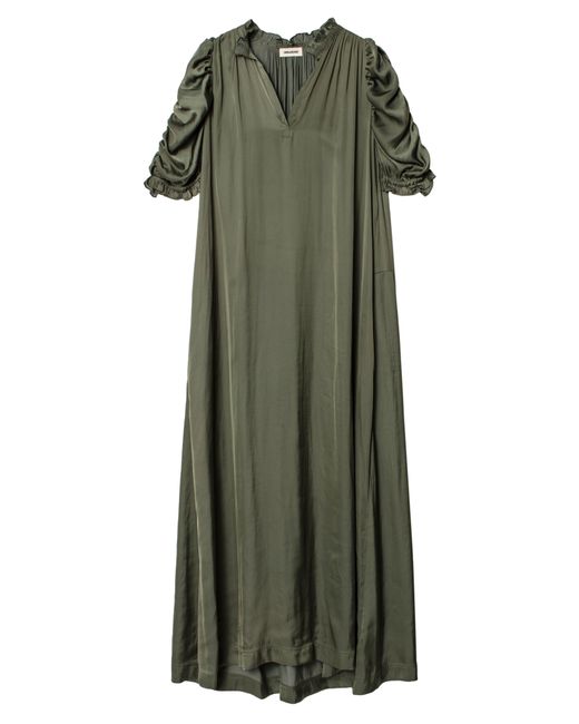 Zadig & Voltaire Ray Puff Sleeve Satin Maxi Dress In Kaki At Nordstrom