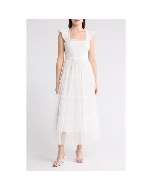 Blu Pepper White Mesh Smocked Tiered Midi Dress