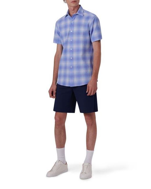 Bugatchi Blue Ombré Check Short Sleeve Cotton Seersucker Button-Up Shirt for men