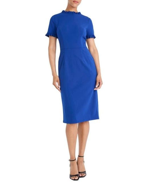Maggy London Blue Ruffle Short Sleeve Pocket Sheath Dress