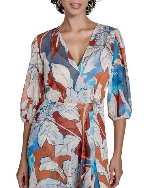 Calvin Klein Blue Floral Faux Wrap Chiffon Maxi Dress