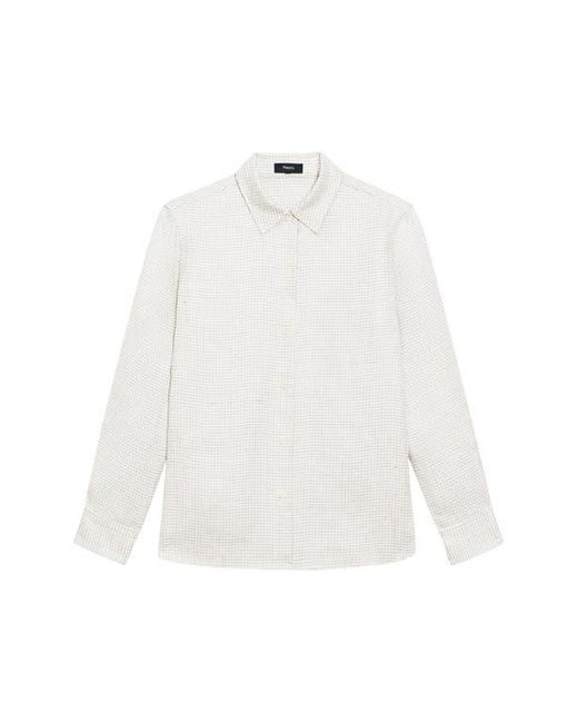 Theory White B.Mela Houndstooth Linen Blend Button-Up Shirt