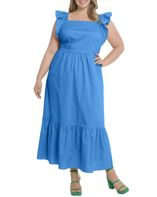 London Times Blue Ruffle Cap Sleeve Maxi Dress