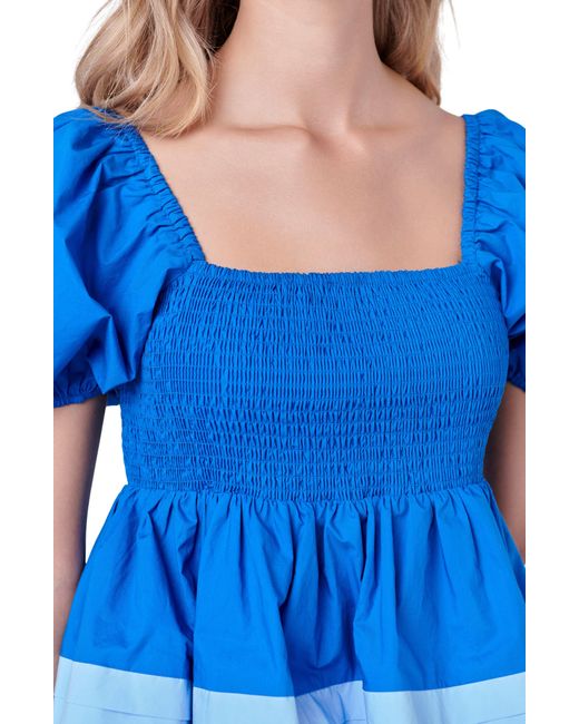 English Factory Blue Puff Sleeve Smocked Tiered Babydoll Dress