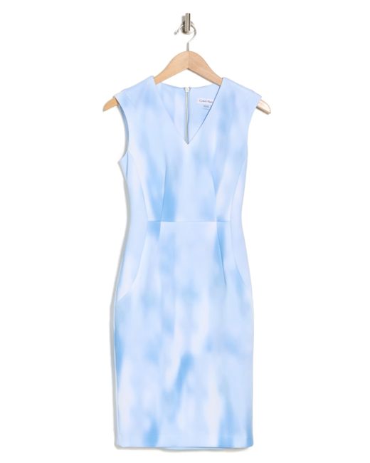 Calvin Klein Blue Watercolor V-neck Sheath Dress