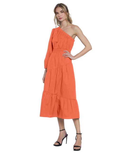 DONNA MORGAN FOR MAGGY Orange Tiered One-shoulder Long Sleeve Maxi Dress